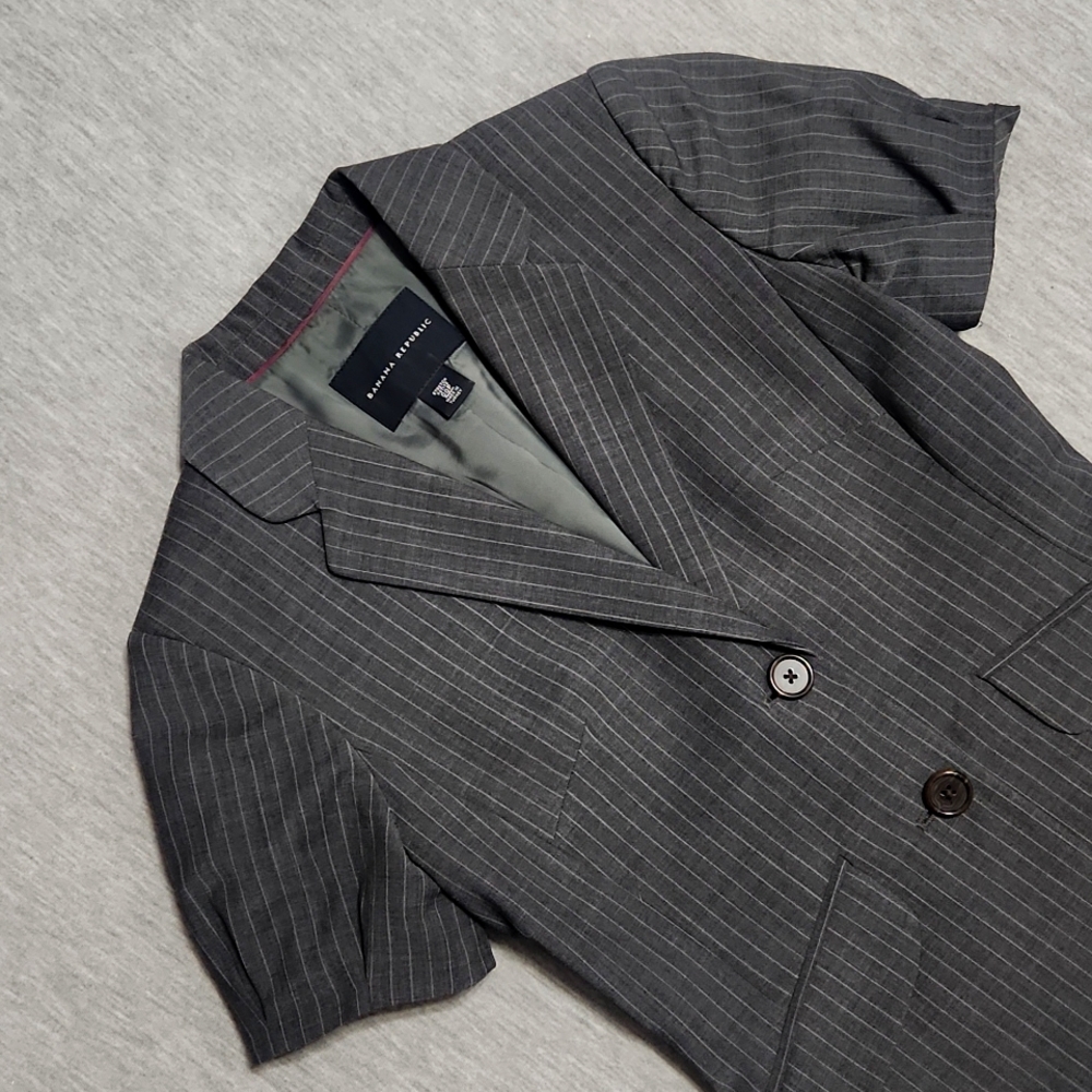 Y2K Banana Republic Petite Pinstriped Puff Sleeve Tailored Blazer Blouse - Picture 3 of 12